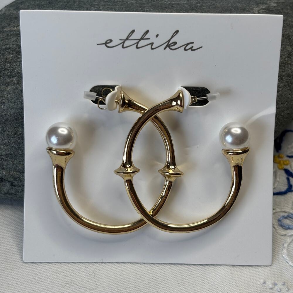Ettika Revolve Gold Hoop Earrings Shiny Faux Pearl at End Mnimalist Organic NWT